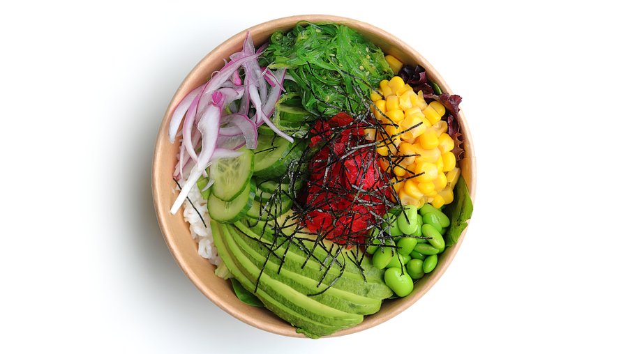 Yo Vegan — Avocado, corn, cucumber, edamame, red onion, seaweed salad, scallion, packed fresh.